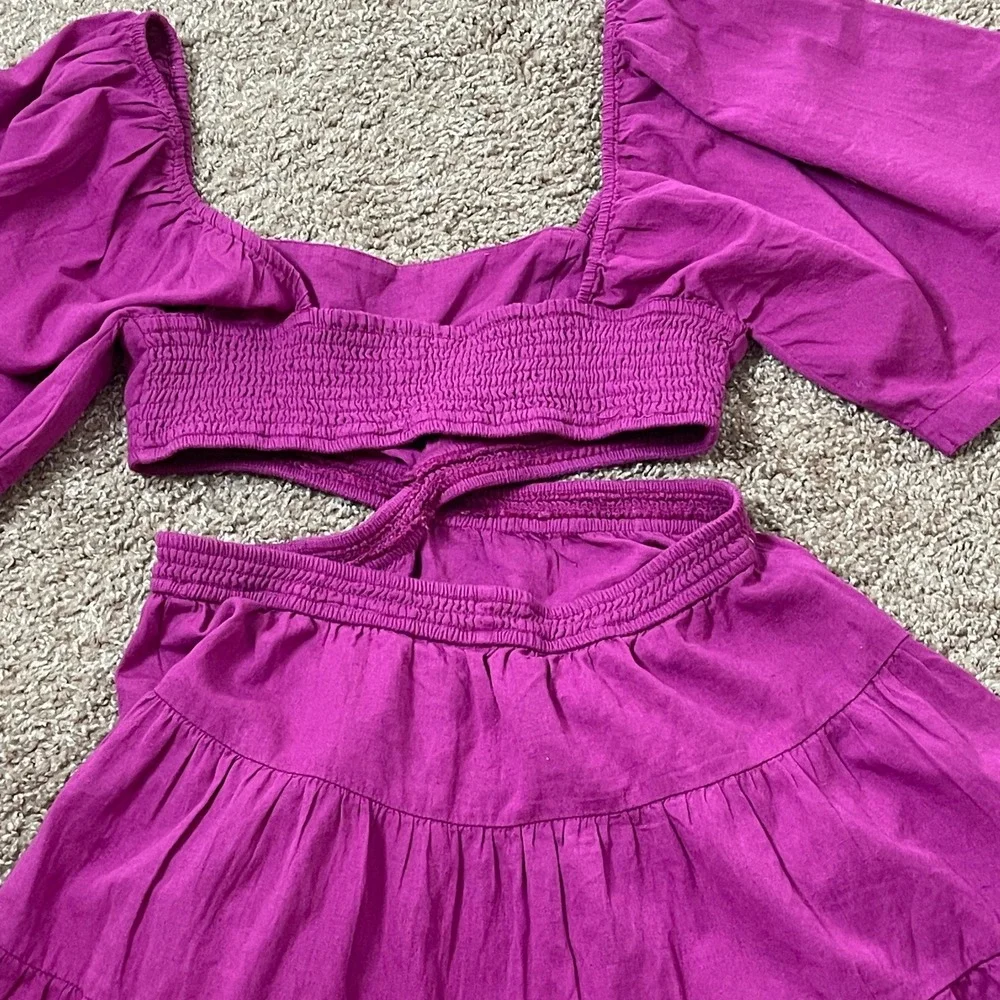 Free People Magenta Purple Cutout Puff Sleeve Tiered Mini Dress Womens Medium‎